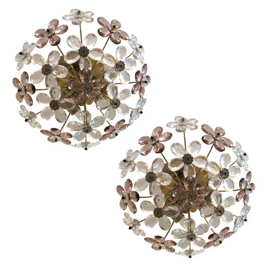 Pair of Maison Bagues Crystal Floral Ceiling Lights, French 1970