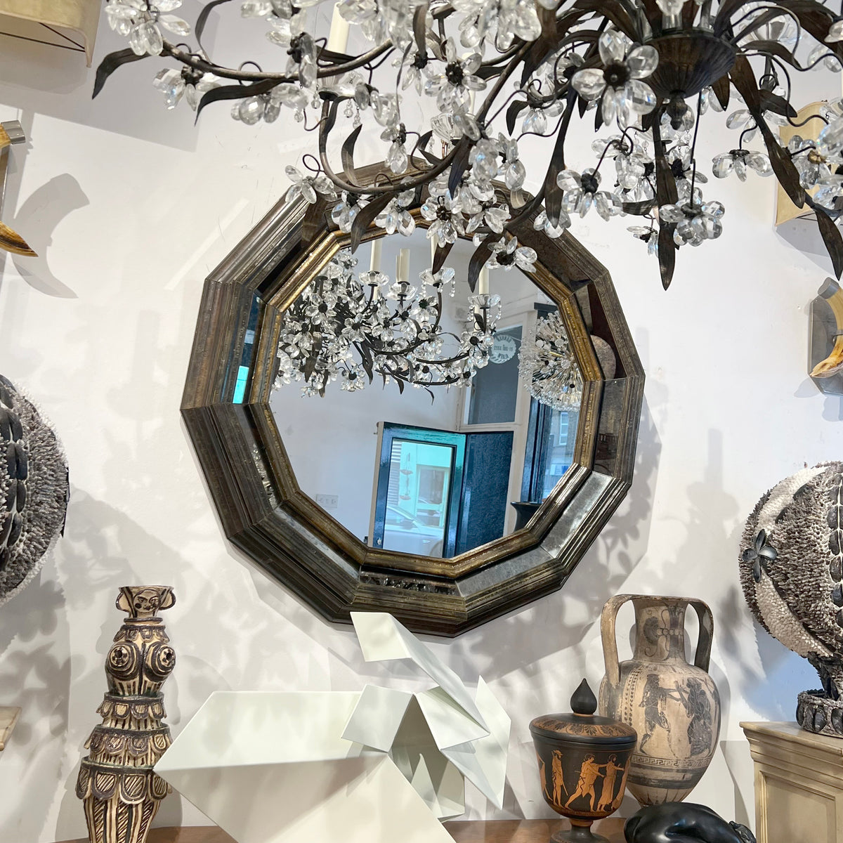 Large Octagonal Brass-Clad Mirror in the Style of Rodolfo Dubarry, 1960s–70s