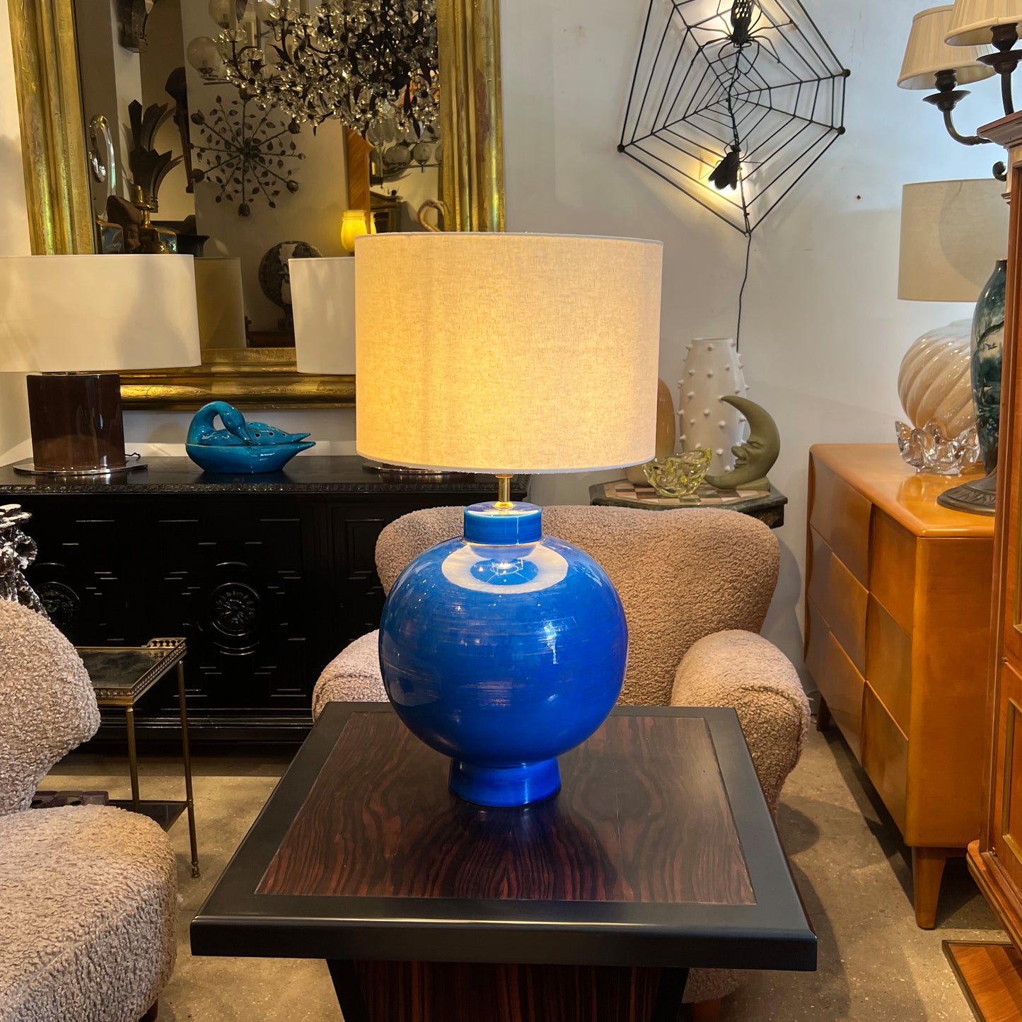 Vintage Blue Ceramic Lamp – Signed L. Drummer, French 1970s