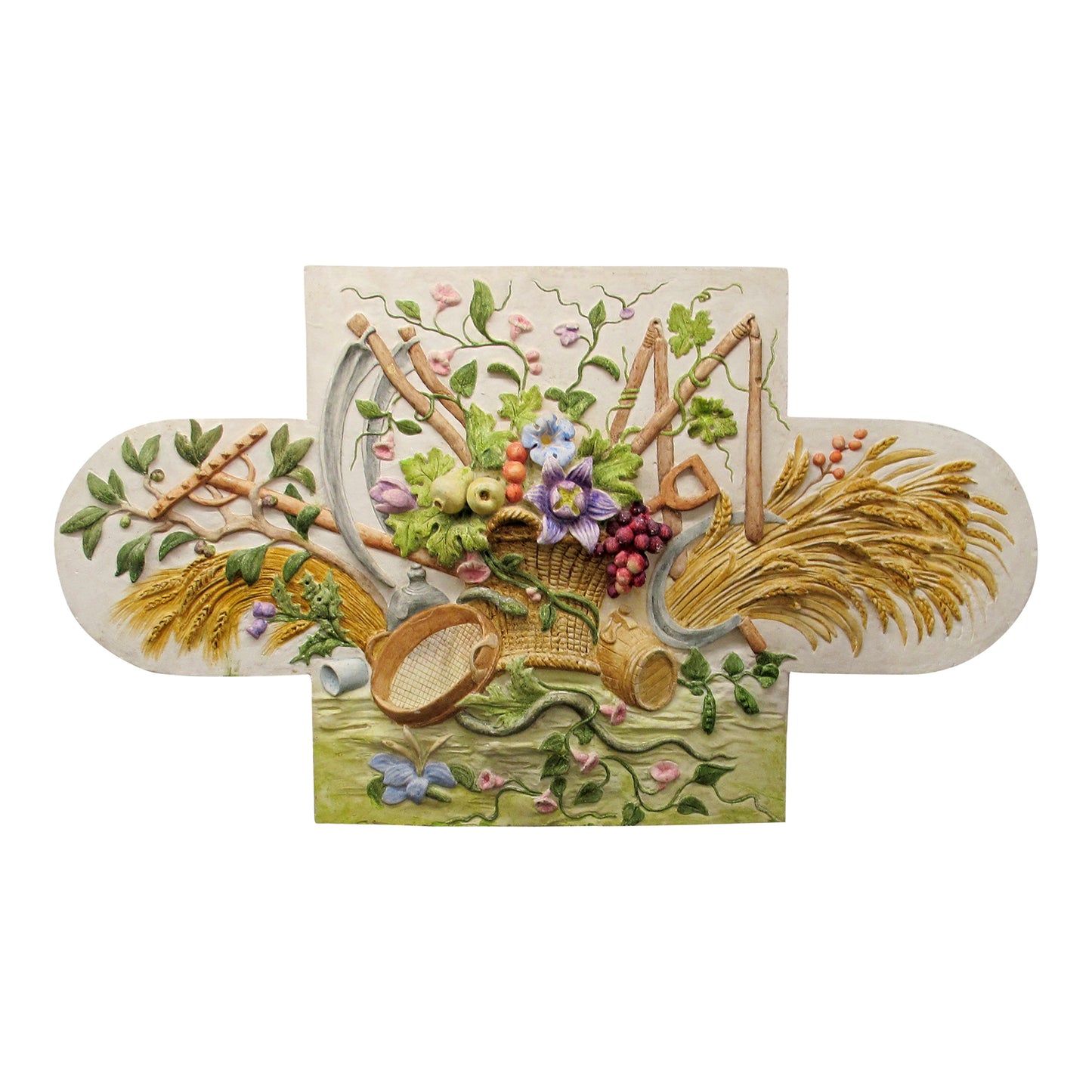 French Plaster Pediment, Hand-Painted Harvest Design, 1960s