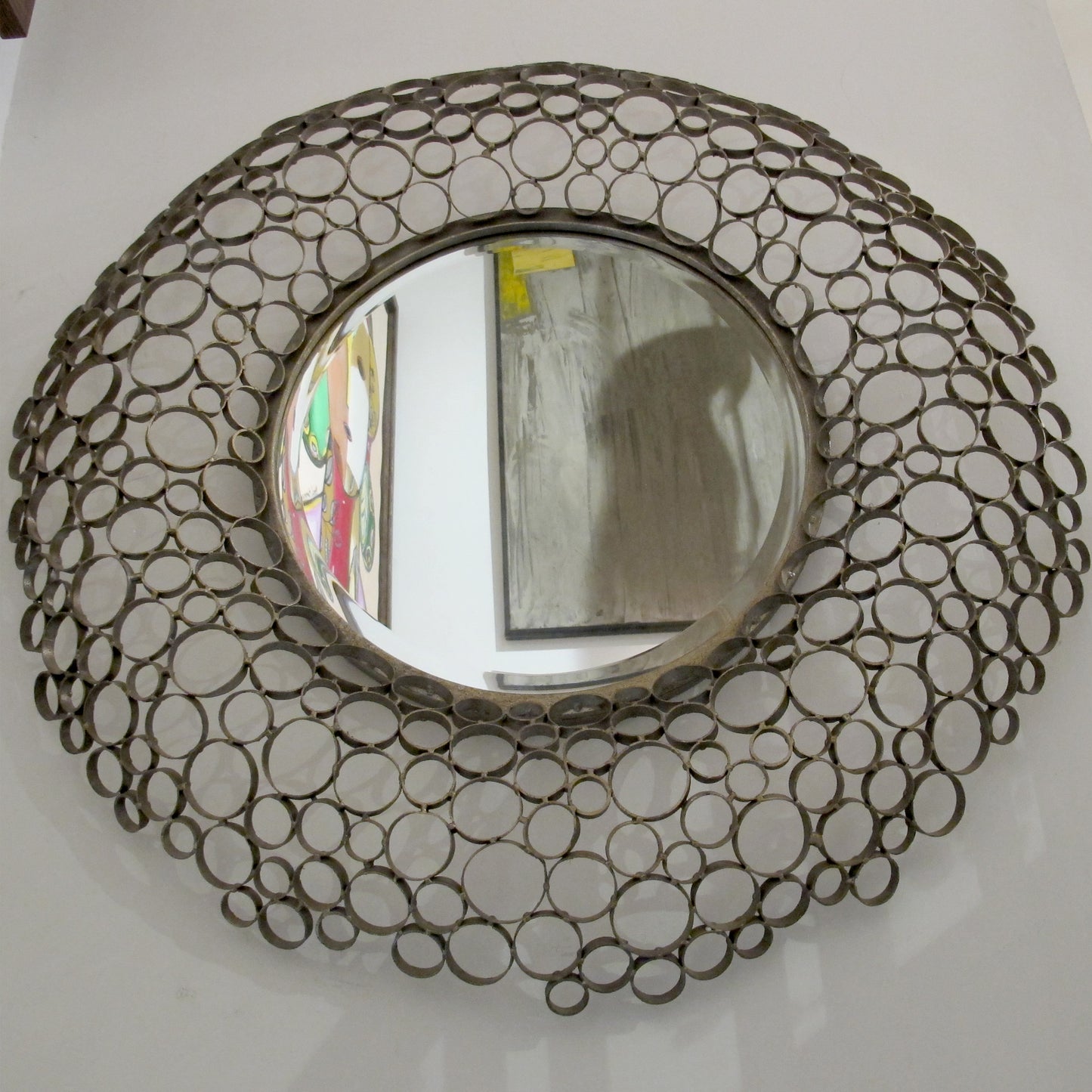 1980s Spanish Handcrafted Geometric Metal Circle Mirror