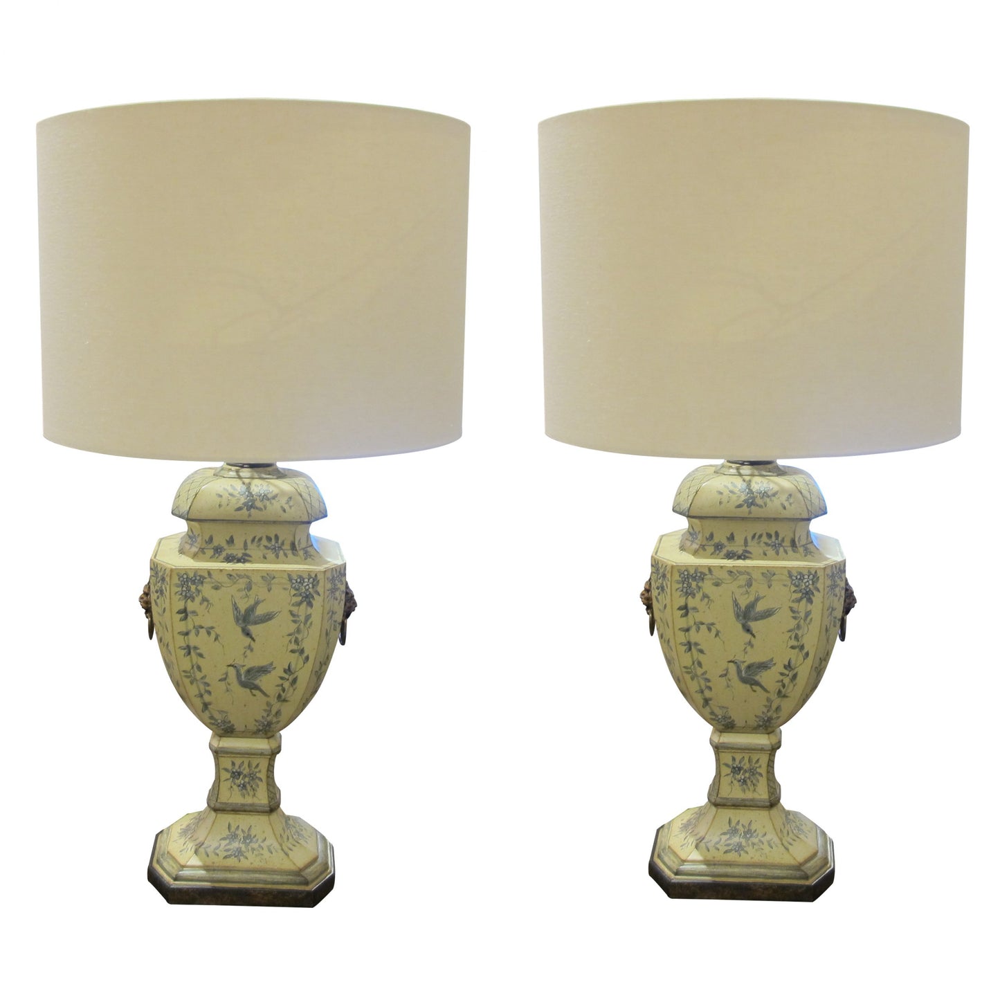 French 1950s Pair Of Painted Toleware Table Lamps