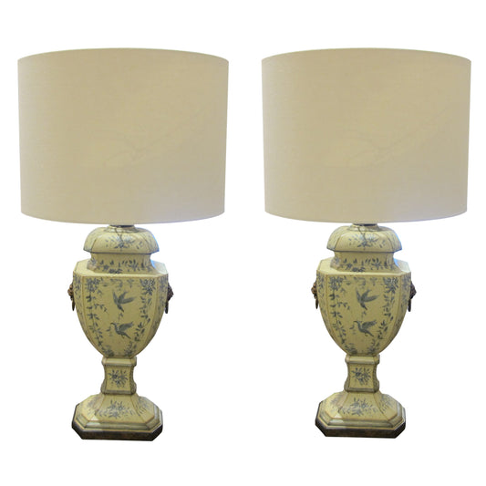 French 1950s Pair Of Painted Toleware Table Lamps