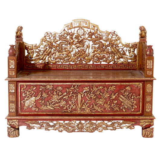 1940s Chinese Red Lacquer Carved Gilt Wood Coffer/ Bench