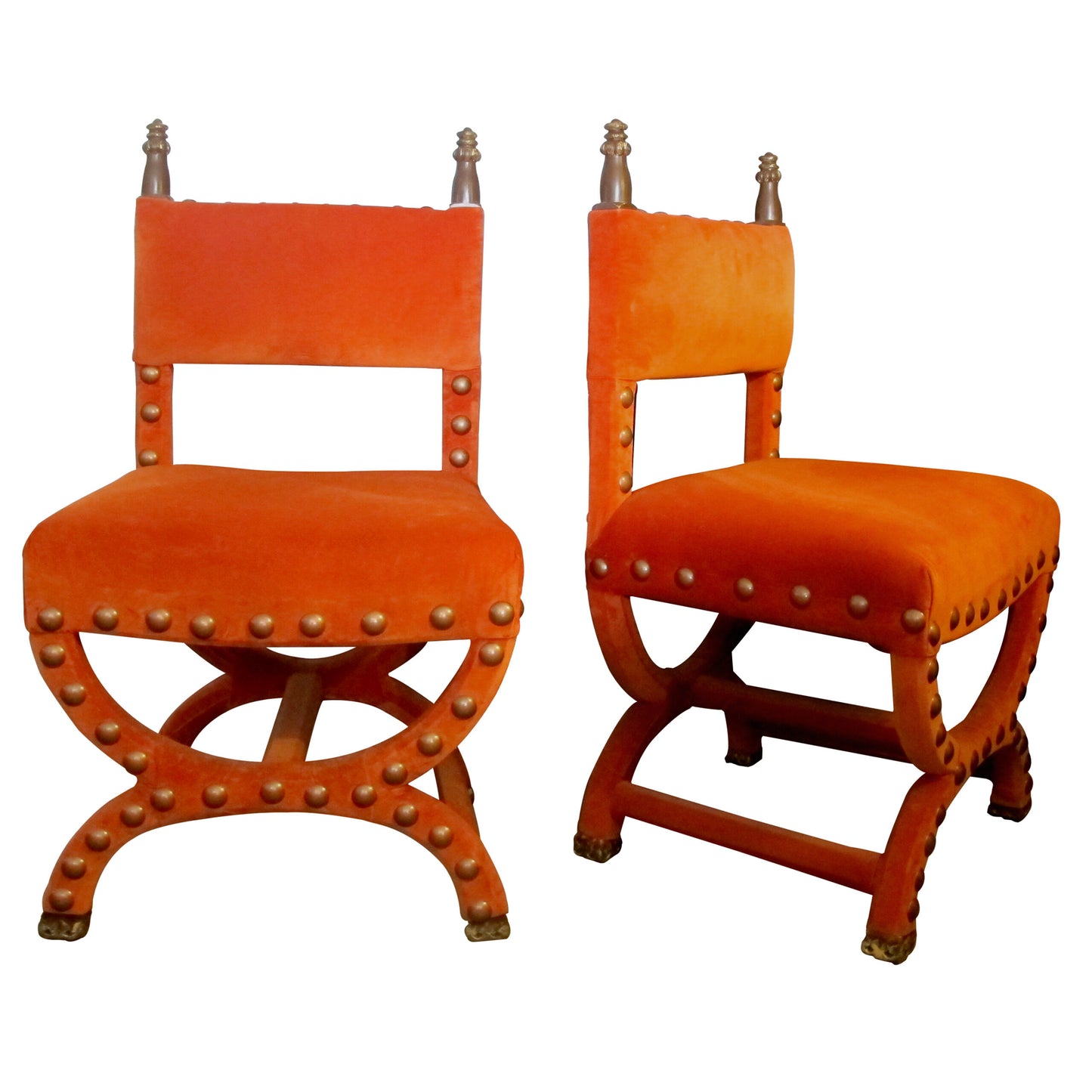 Early 1900s, Baroque Style Pair of Hall Chairs Upholstered in orange Velvet, Italian