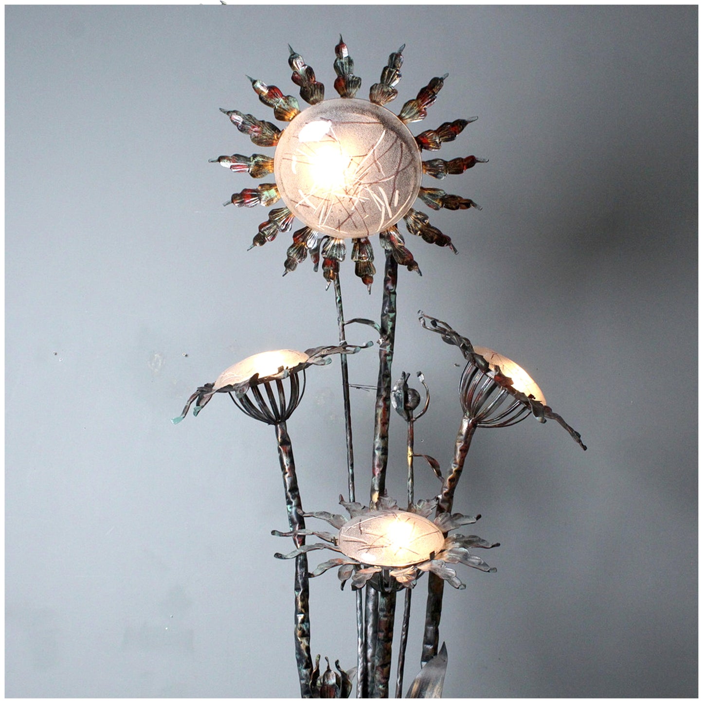 Extra Large Sculptural Wrought Iron Floor Lamp with Frosted Glass, 1970s/80s