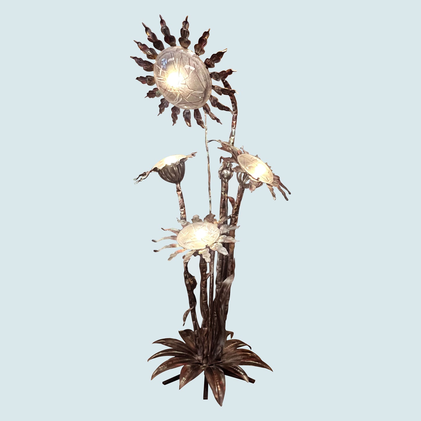 Extra Large Sculptural Wrought Iron Floor Lamp with Frosted Glass, 1970s/80s