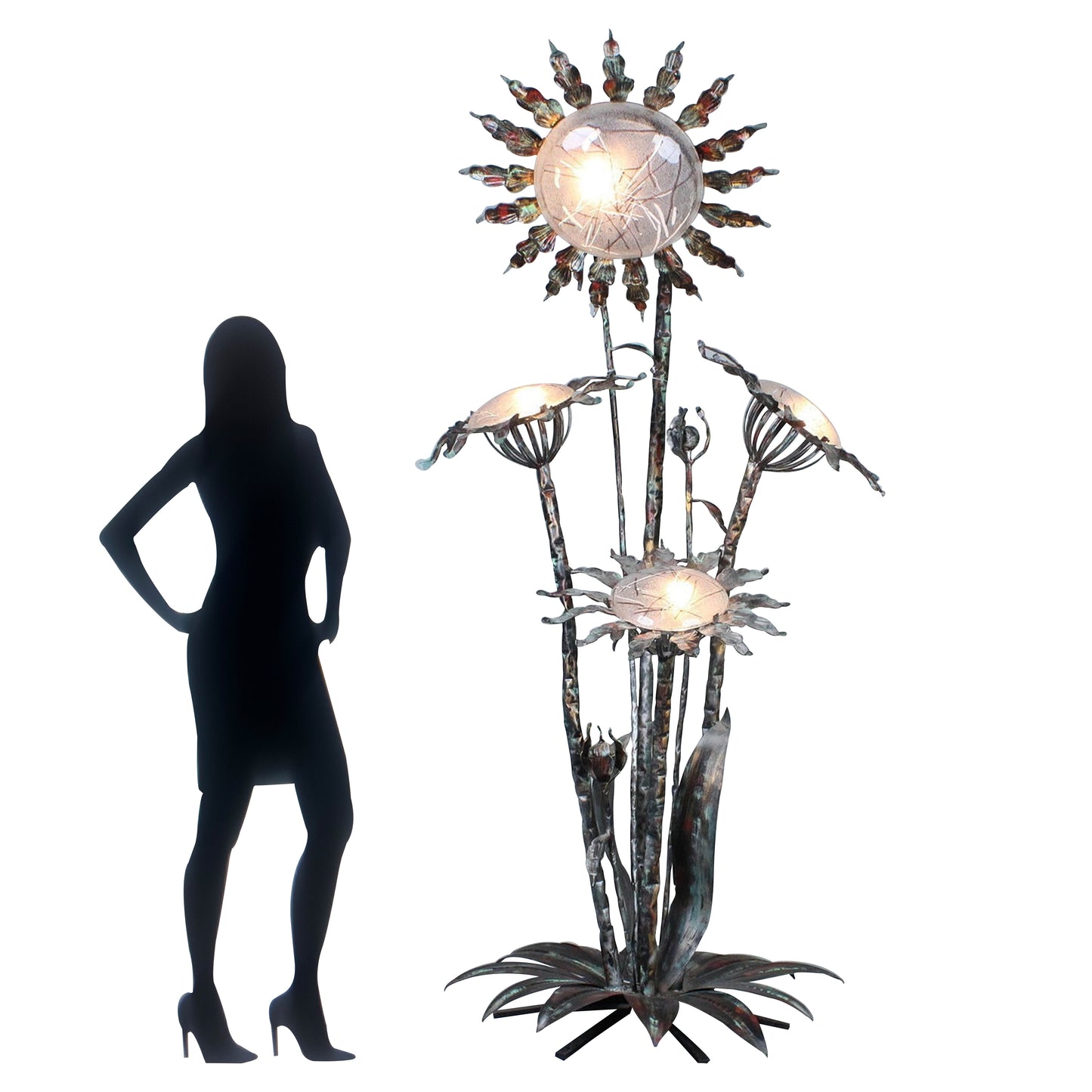 Extra Large Sculptural Wrought Iron Floor Lamp with Frosted Glass, 1970s/80s