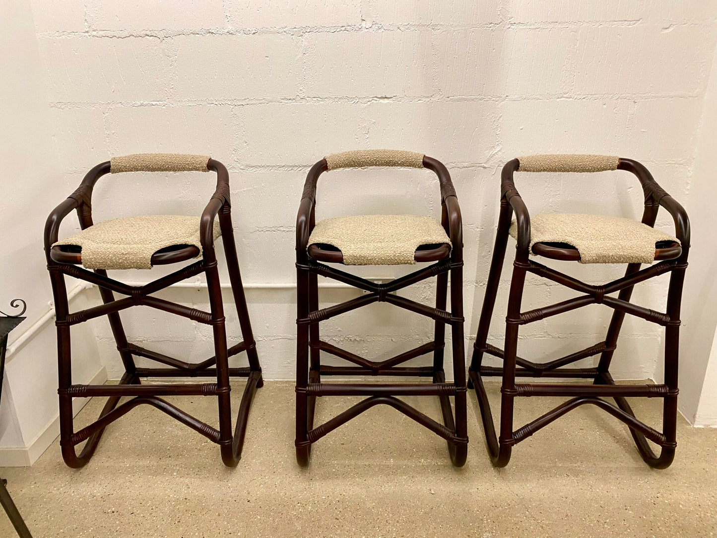 French 1970s Set of Three French Riviera Bamboo Bar Stools