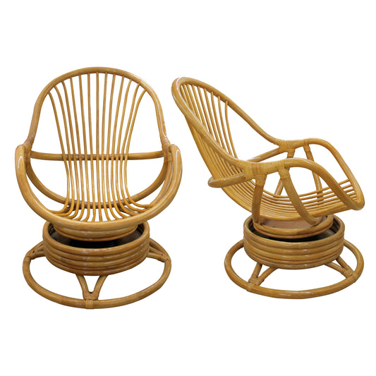 Mid-Century French Bamboo Lounge Chairs with Swivel Rocking Bases