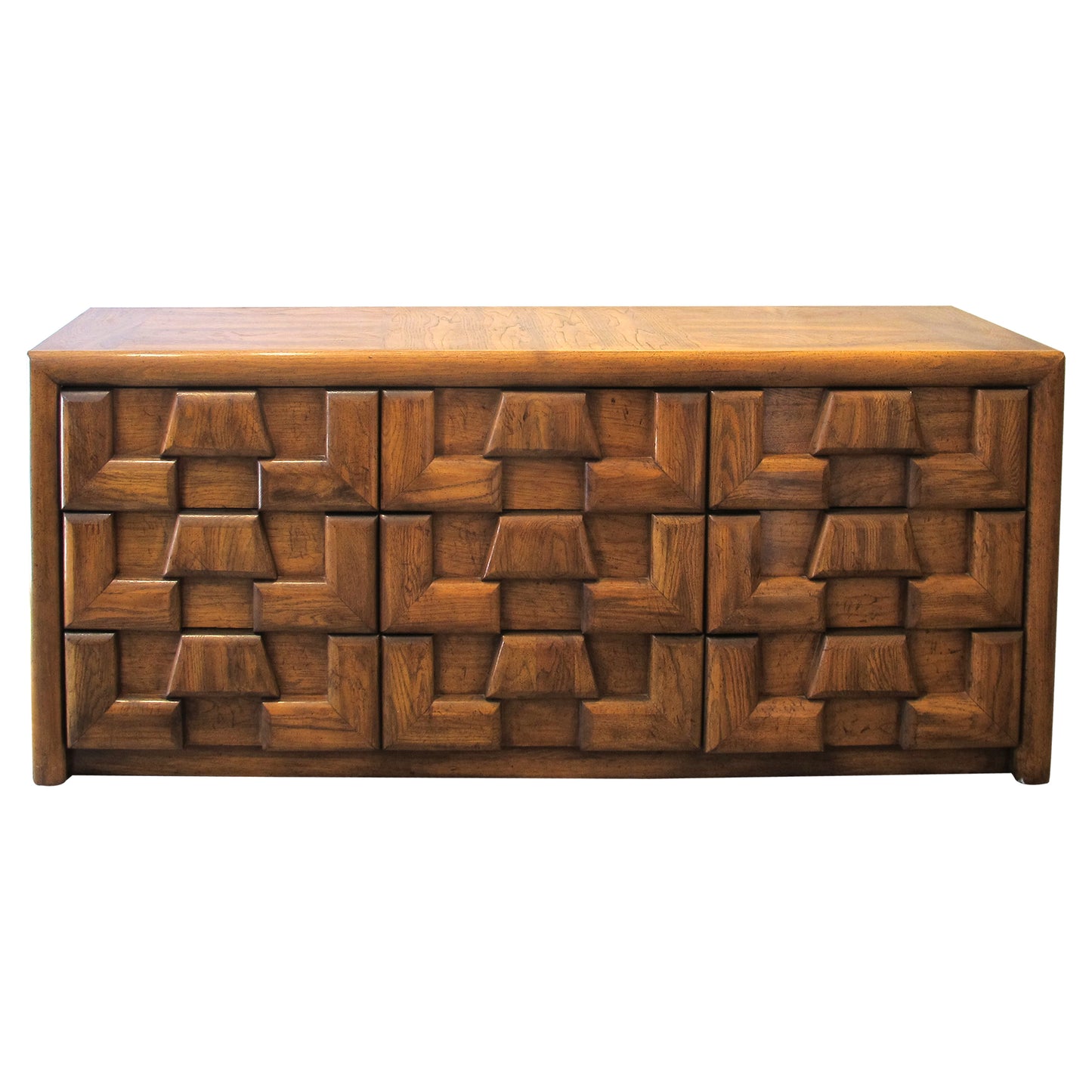 1970s Walnut Brutalist Sideboard with Nine Drawers