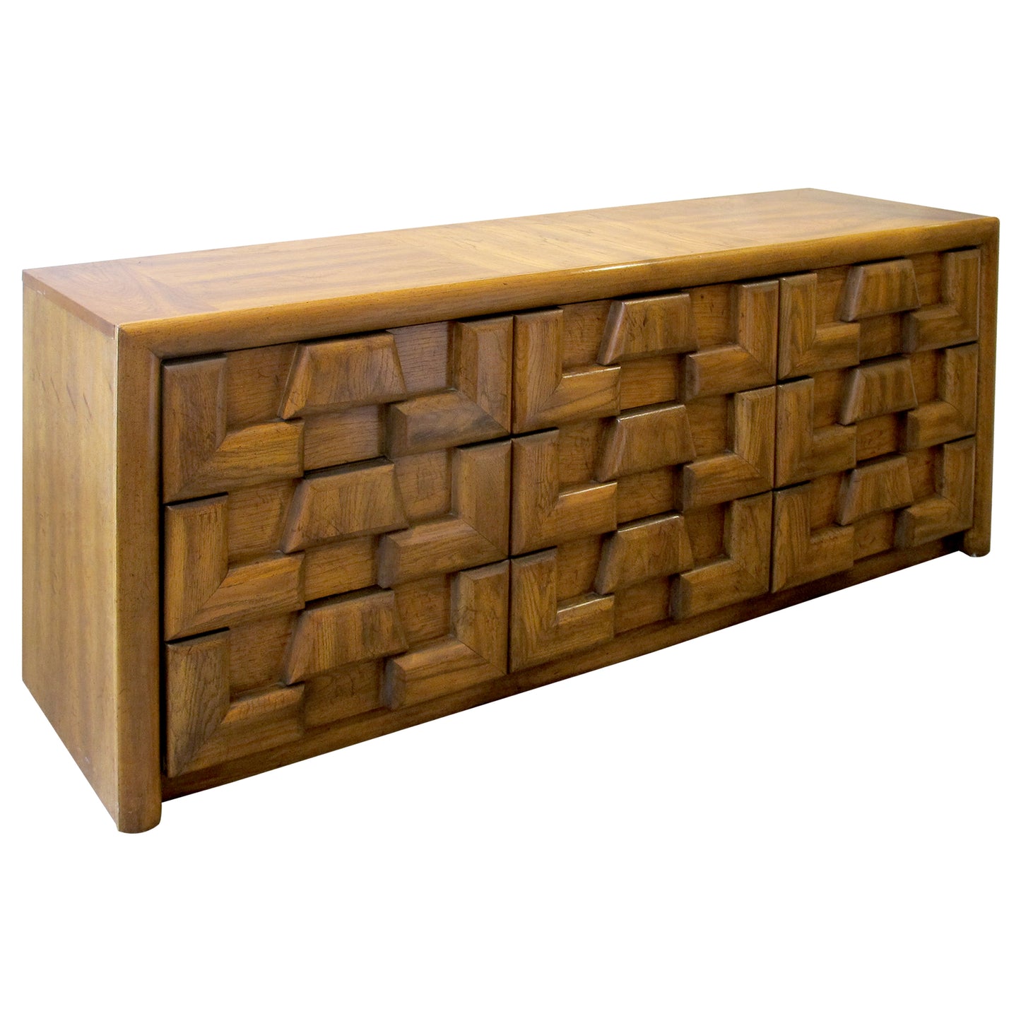 1970s Walnut Brutalist Sideboard with Nine Drawers