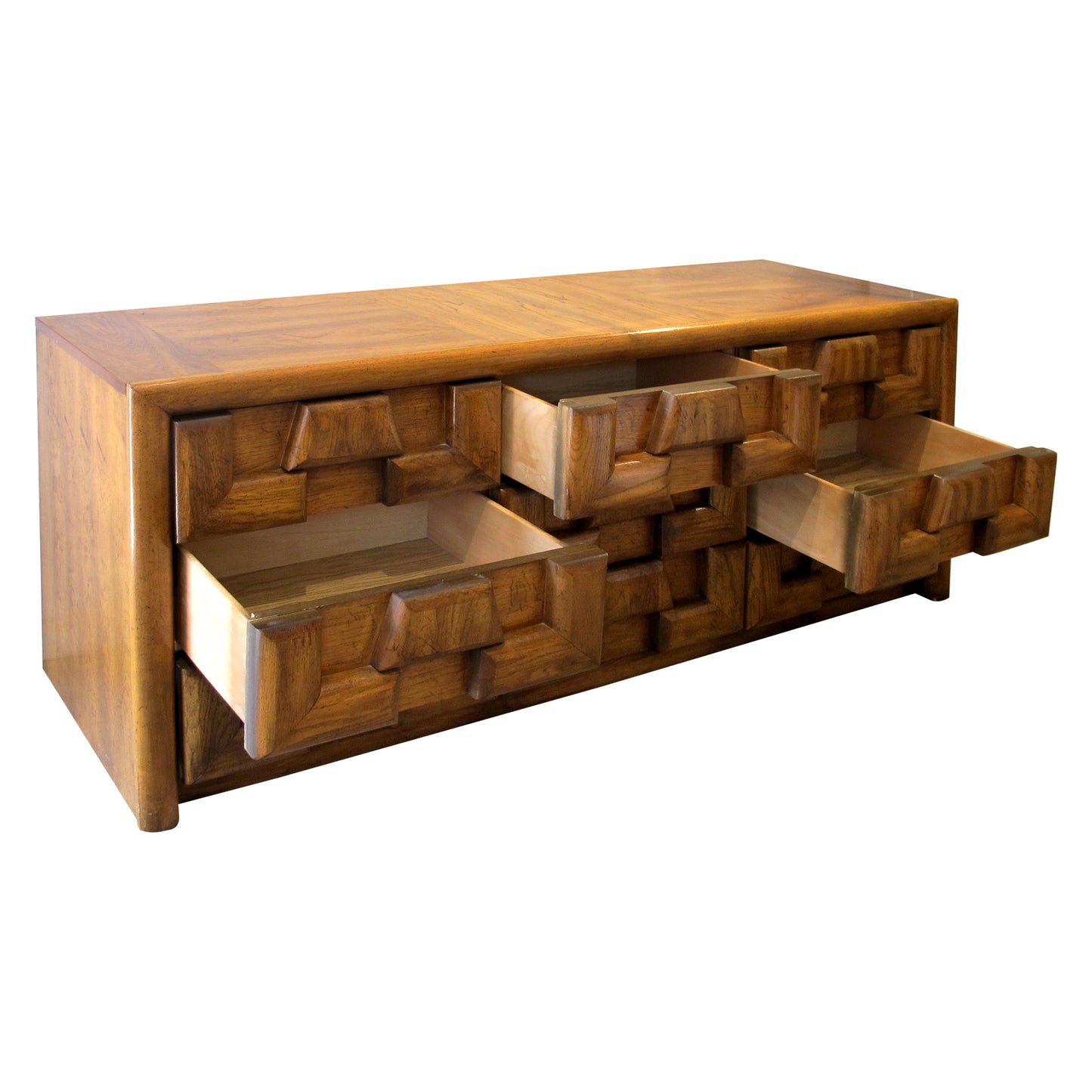 1970s Walnut Brutalist Sideboard with Nine Drawers