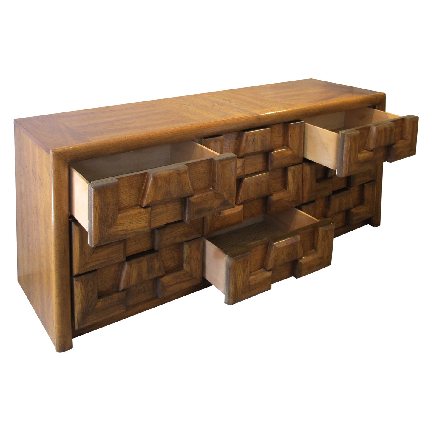 1970s Walnut Brutalist Sideboard with Nine Drawers