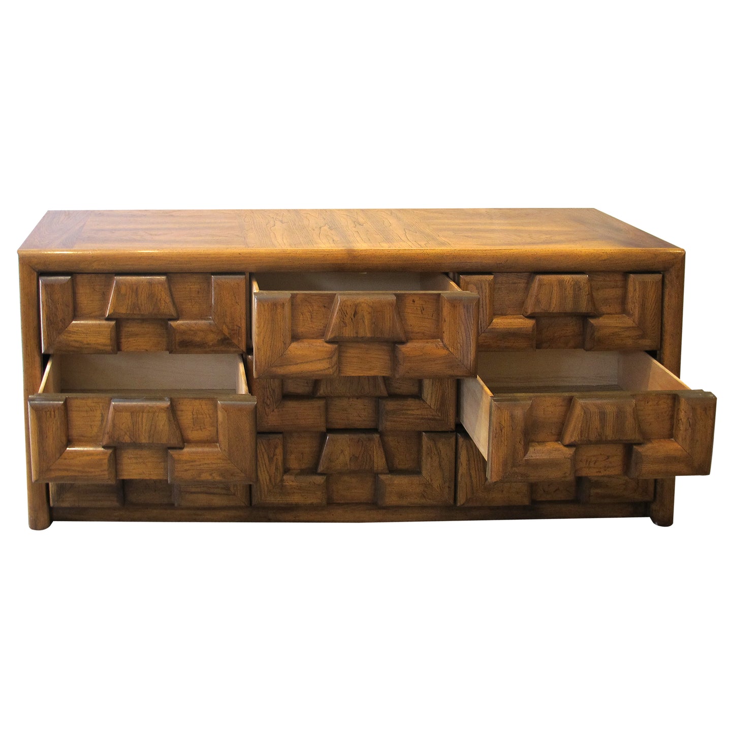 1970s Walnut Brutalist Sideboard with Nine Drawers
