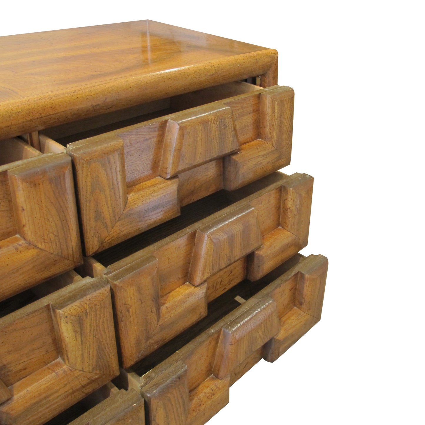 1970s Walnut Brutalist Sideboard with Nine Drawers