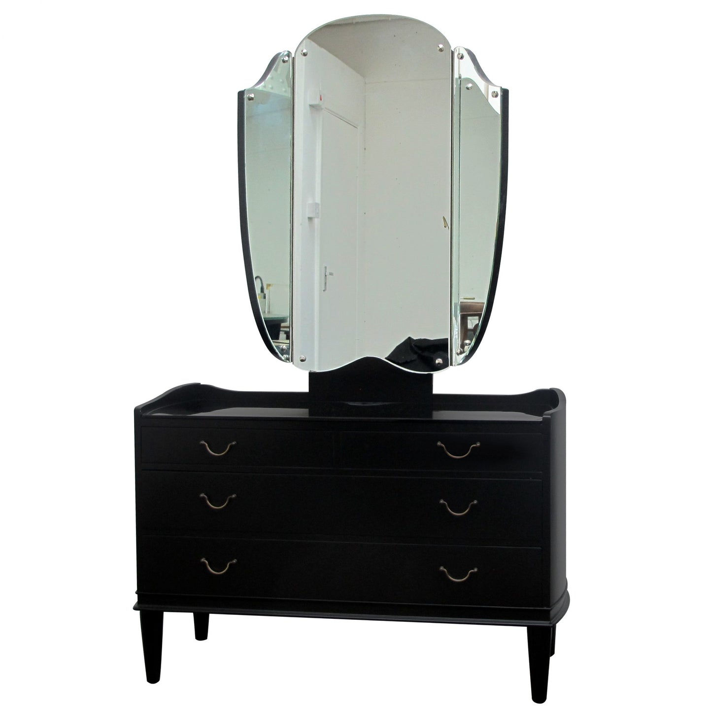 1940s Danish Ebonised Vanity Dressing Table With Triptych Mirror