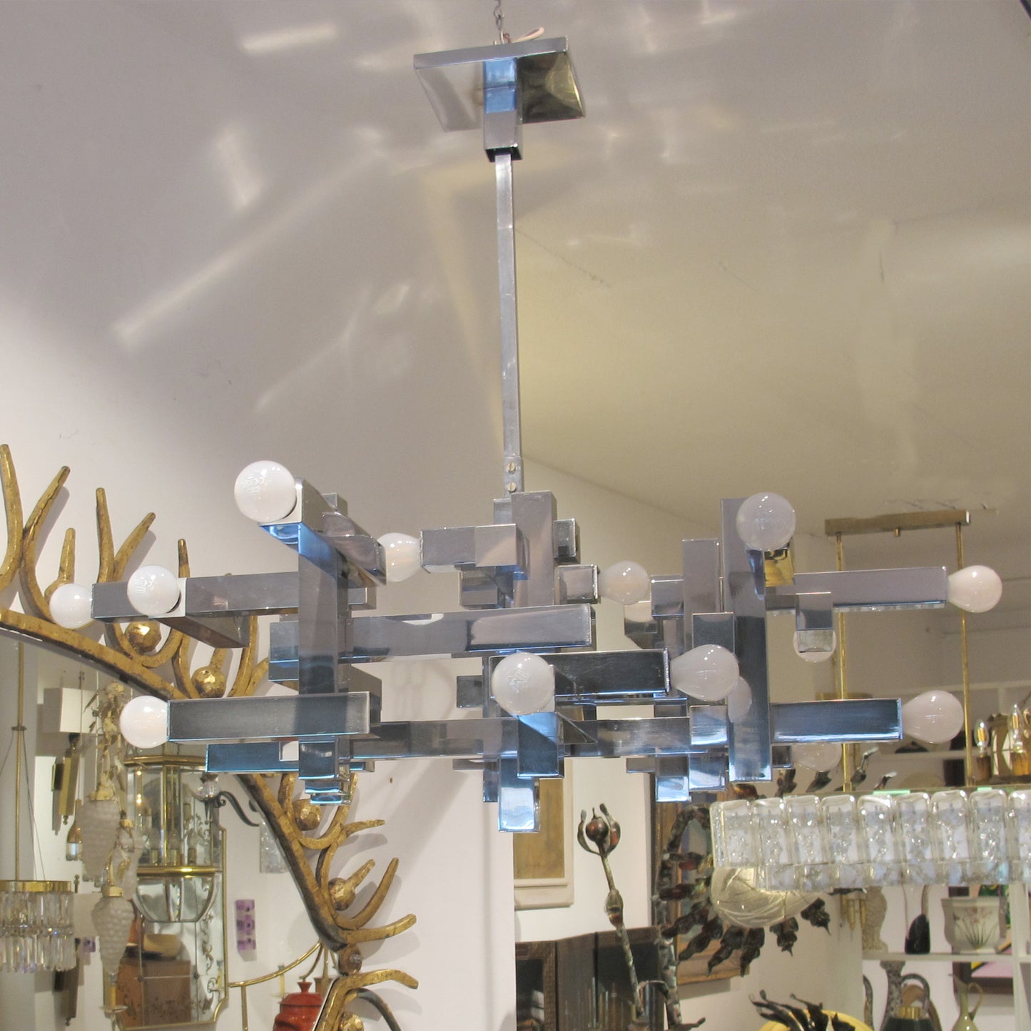 1970s Architectural Metric Chandelier by Gaetano Sciolari, Italy