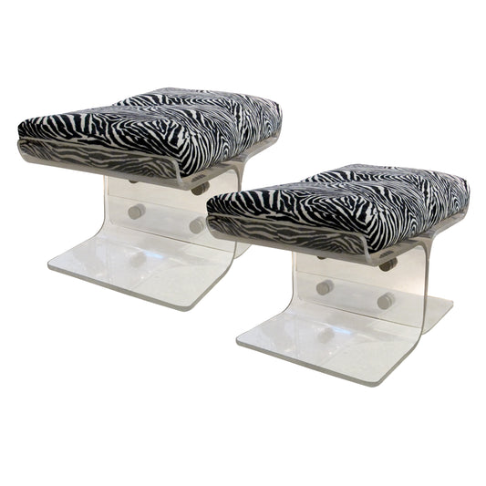 Pair of American Perspex Stools with Zebra Cushions, 1970s