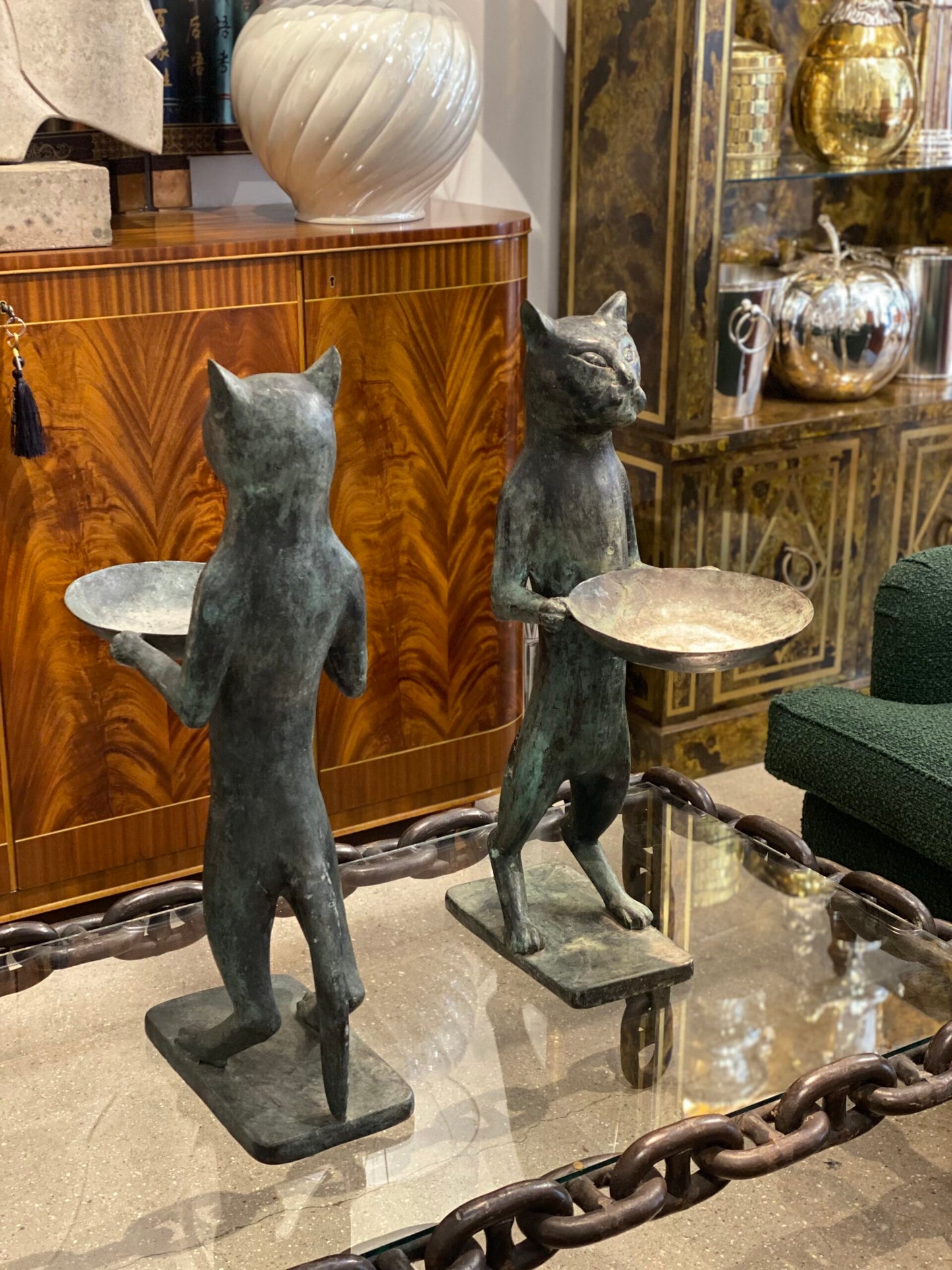 1960s Pair of Bronze Bird Baths Cat Statues in the Style of Diego Giacometti, English