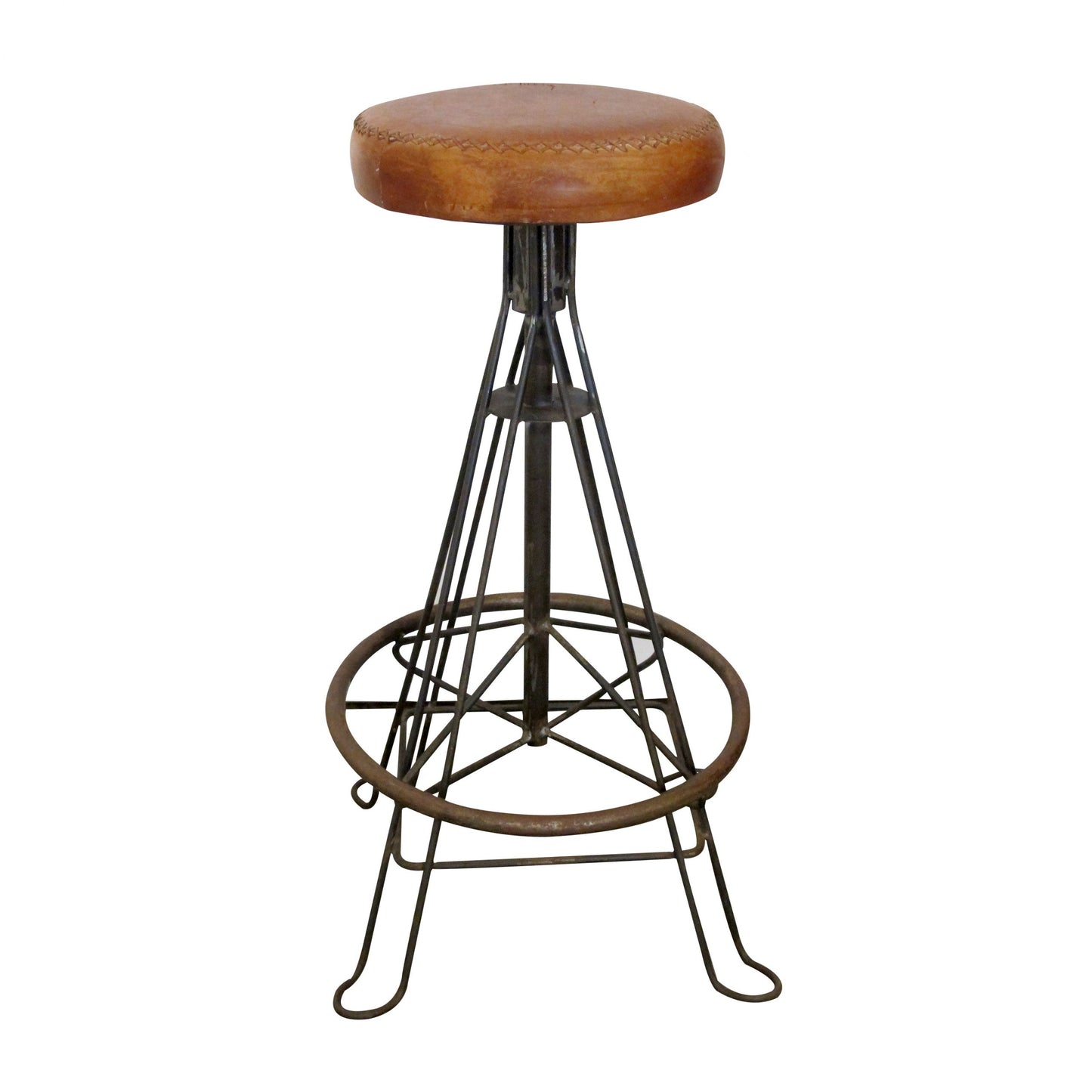 Mid-Century Spanish Set Of 2 Wrought Iron And Stitched Leather Stools