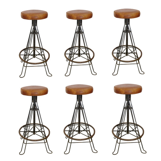 Mid-Century Spanish Set Of 6 Wrought Iron And Stitched Leather Stools