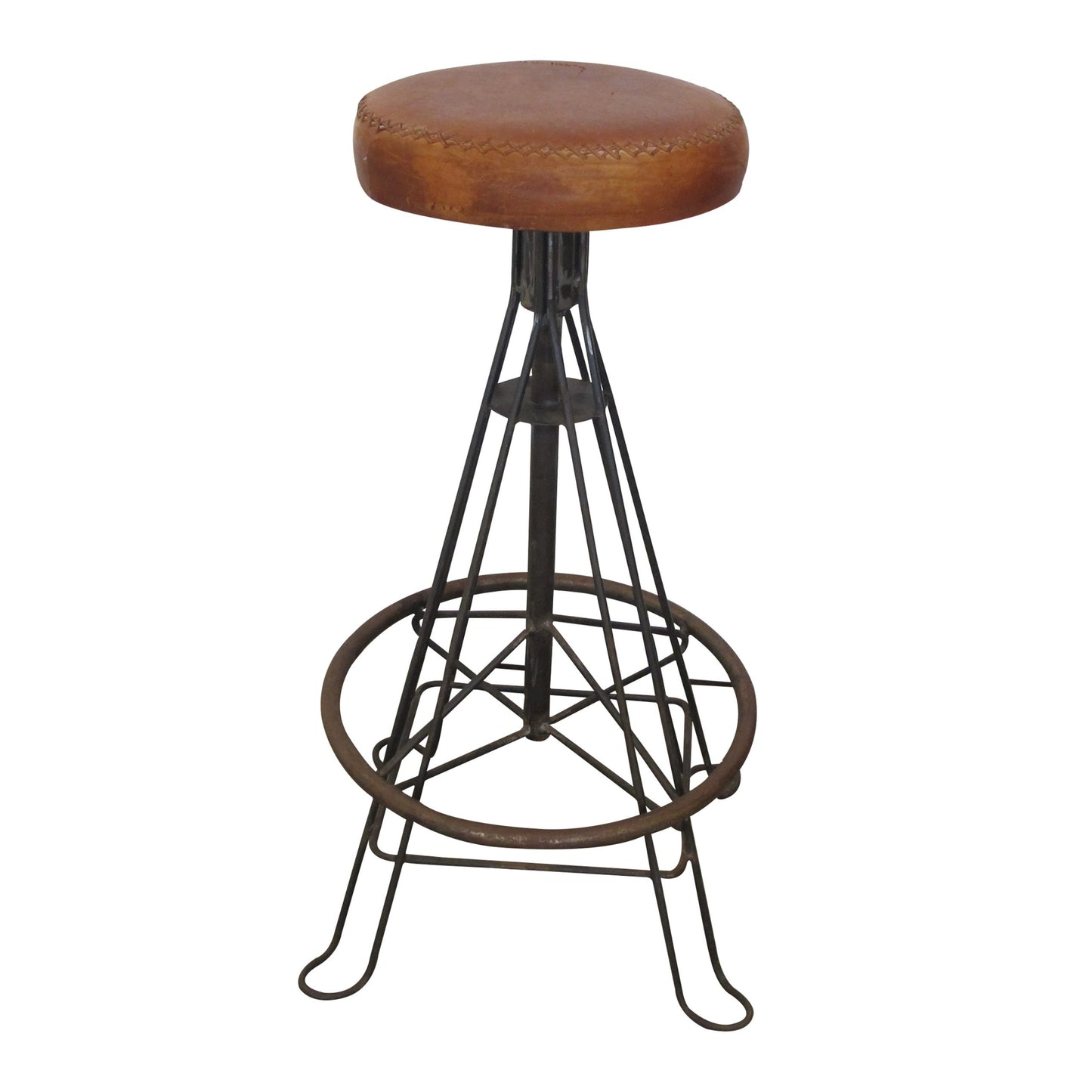 Mid-Century Spanish Set Of 2 Wrought Iron And Stitched Leather Stools