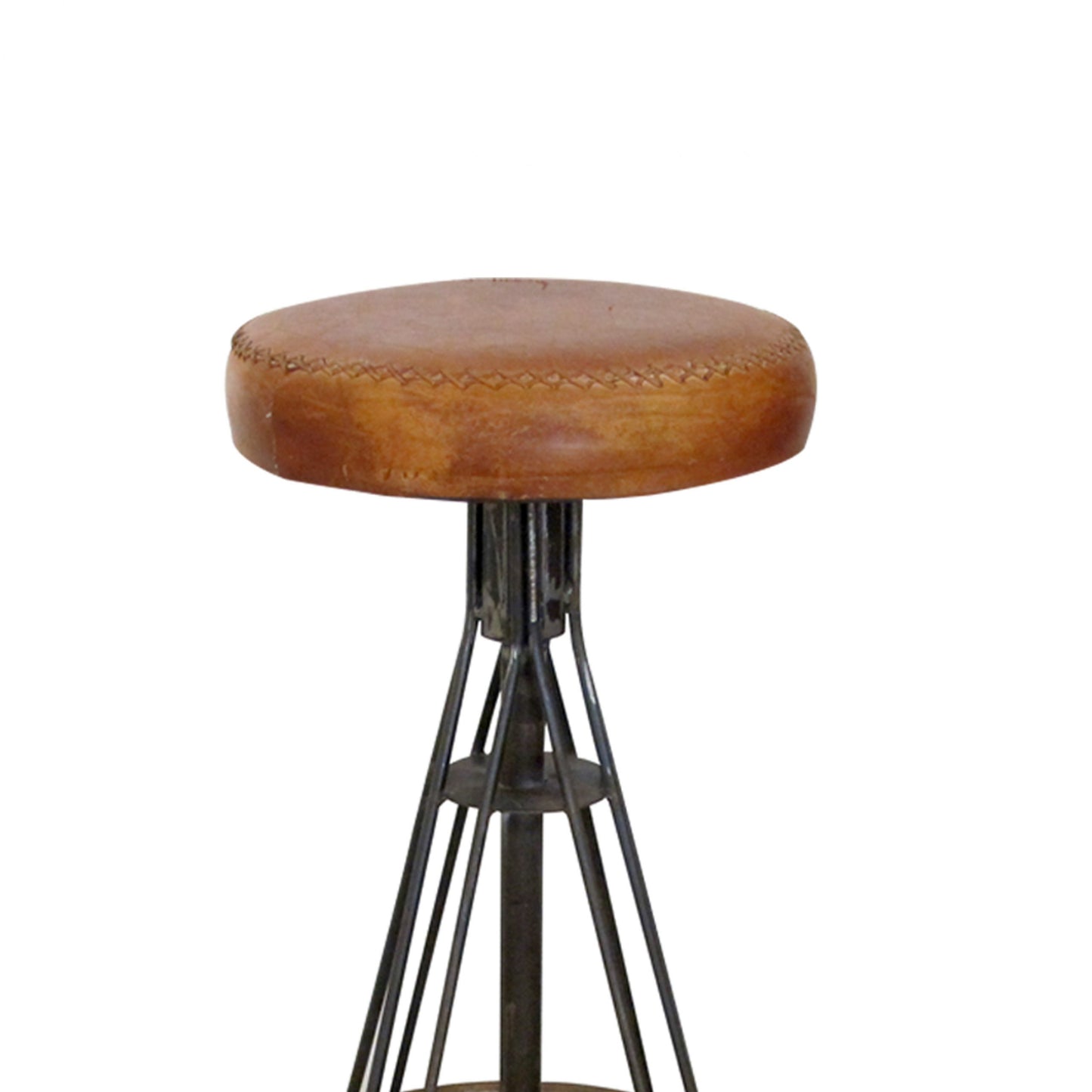 Mid-Century Spanish Set Of 2 Wrought Iron And Stitched Leather Stools