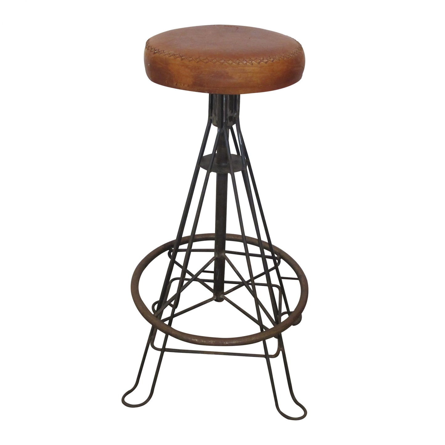 Mid-Century Spanish Set Of 6 Wrought Iron And Stitched Leather Stools