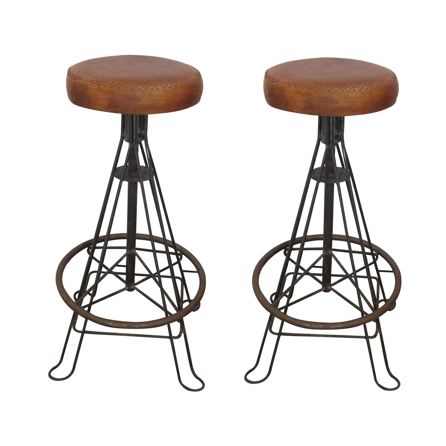 Mid-Century Spanish Set Of 2 Wrought Iron And Stitched Leather Stools