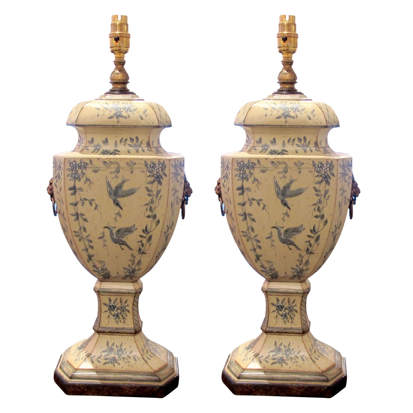 French 1950s Pair Of Painted Toleware Table Lamps