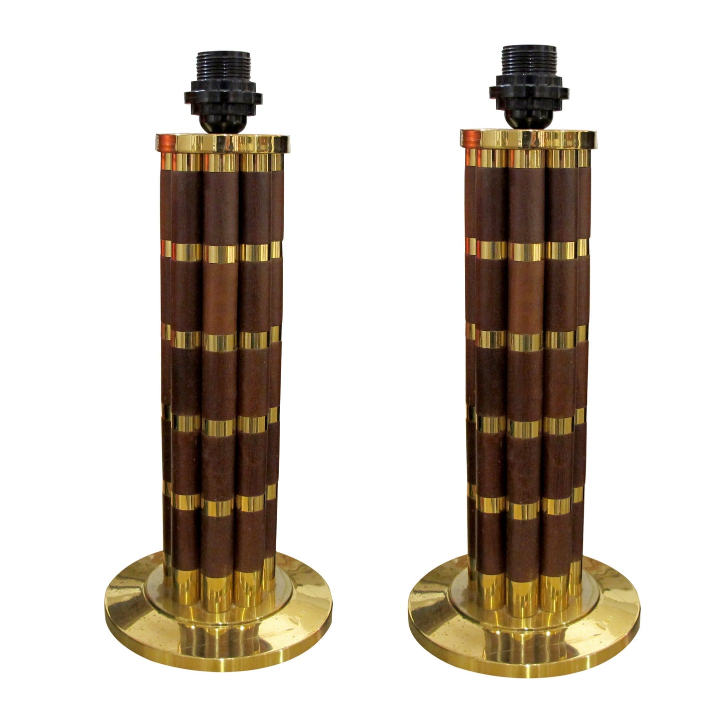 Spanish, 1970s Pair Of Tubular Walnut And Brass Table Lamps