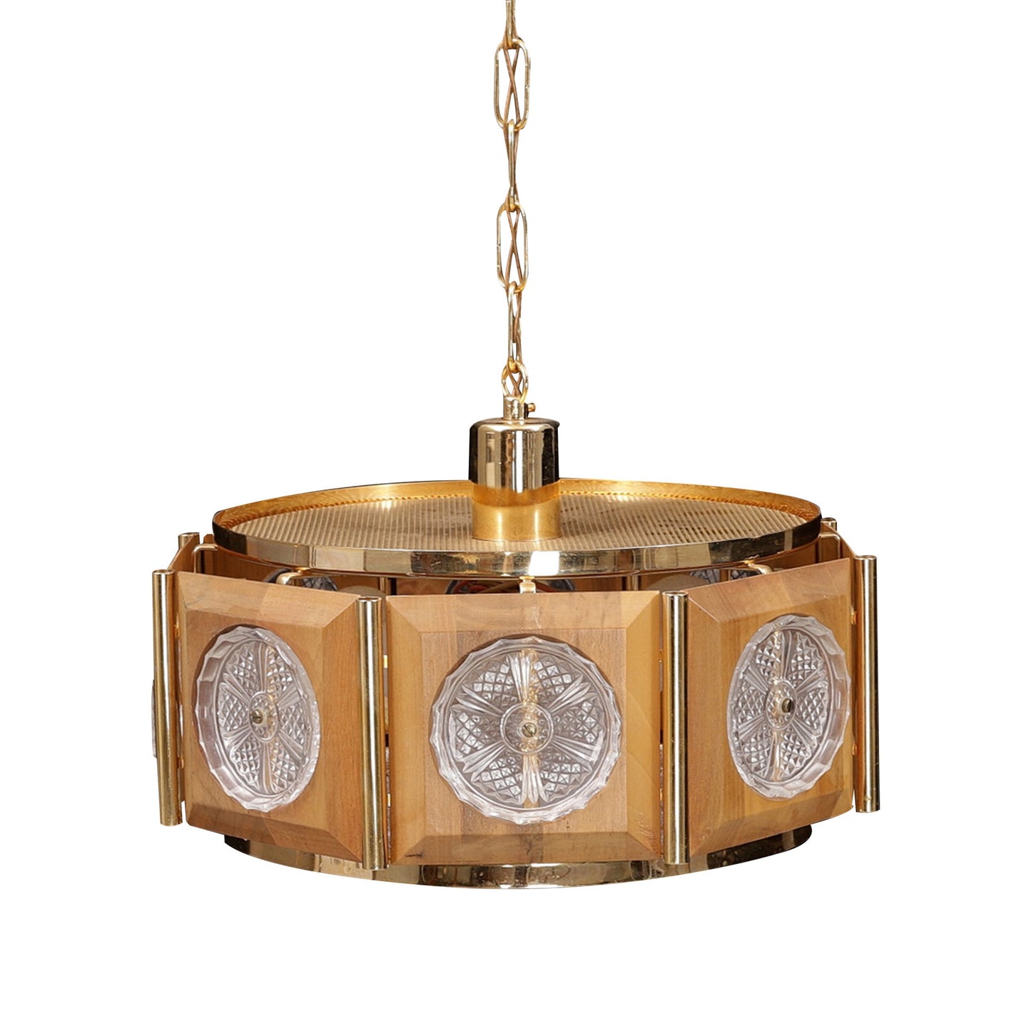 1950’s Swedish Circular Brass Ceiling Light With Walnut Frame