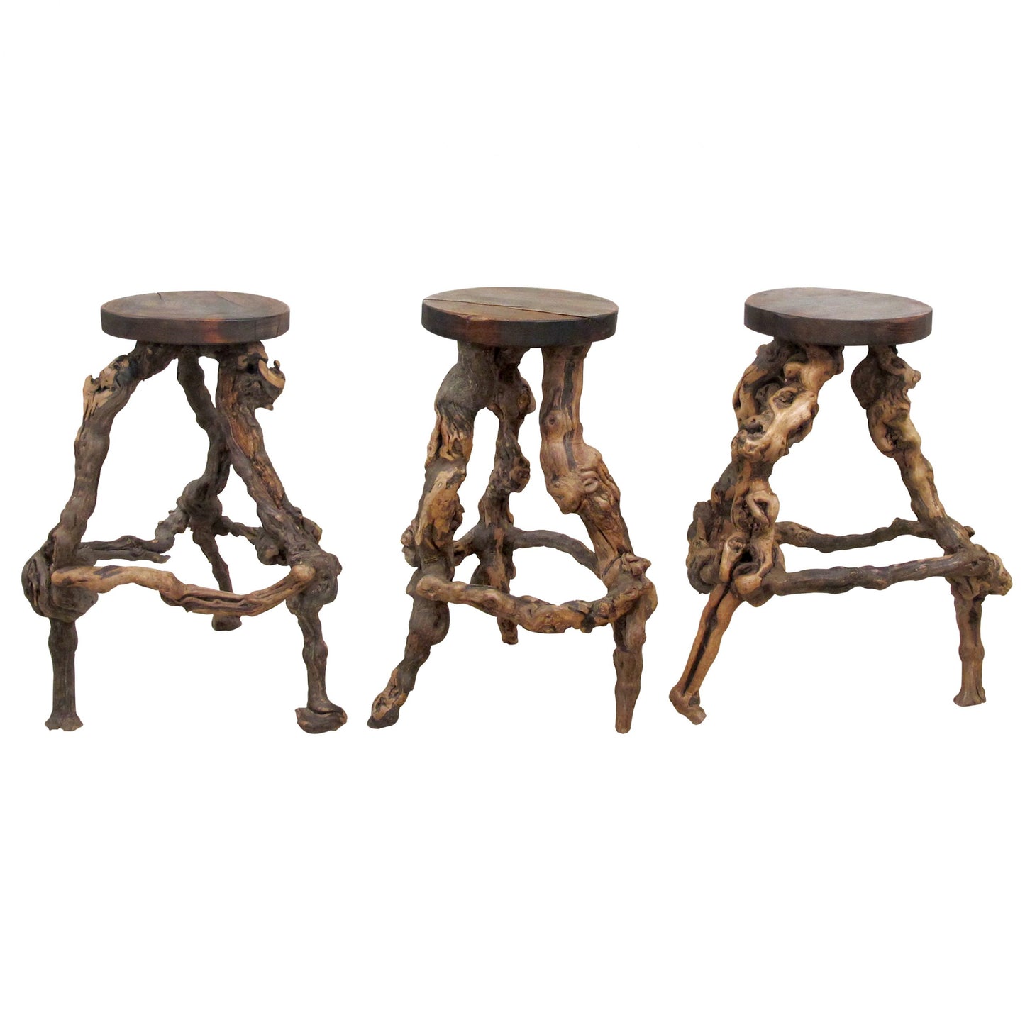 1950s French, Set Of 3 Twisted Grape-vine Roots Bar Stools