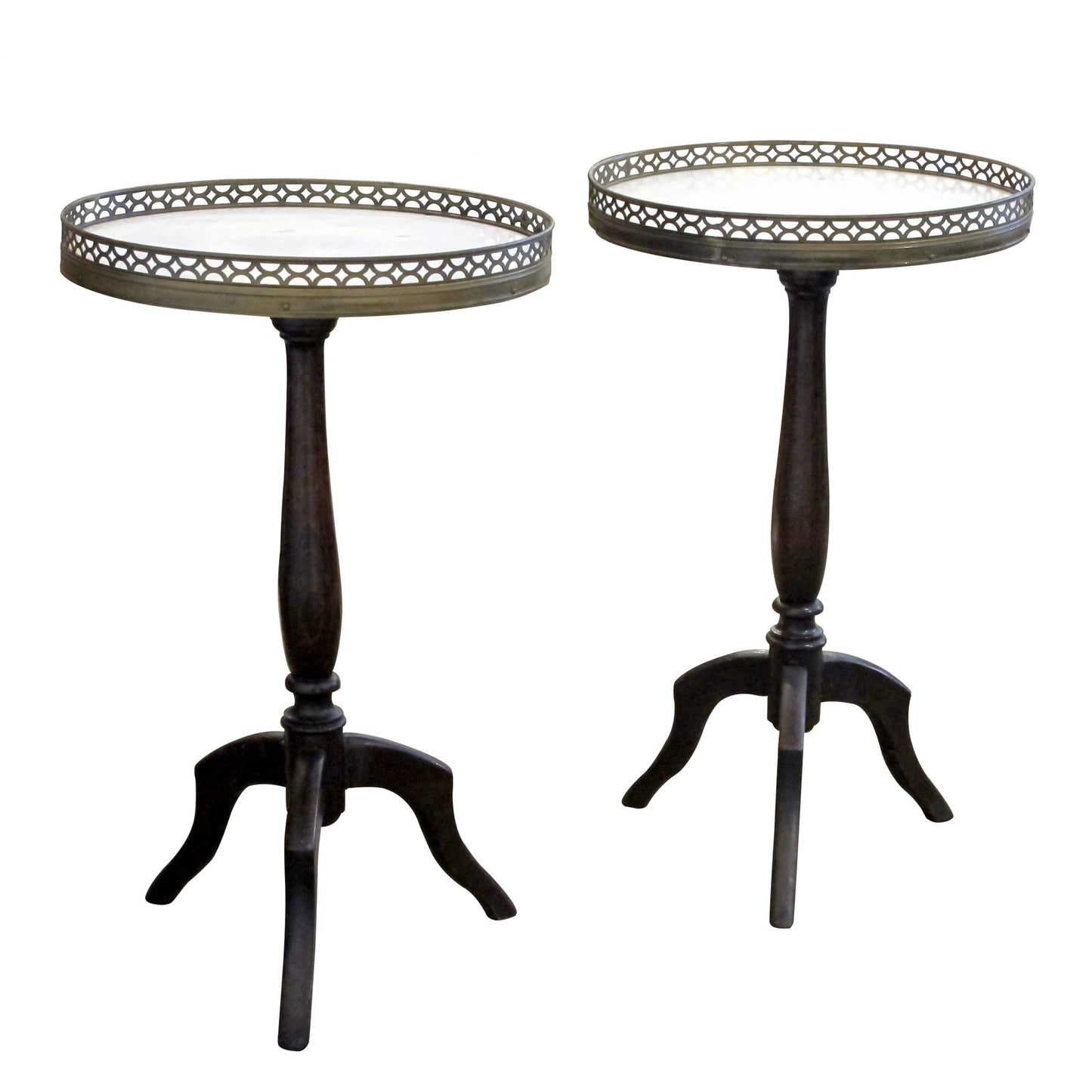 French Mid-Century Pair of Gueridons with Bronze Gallery and Marble Top