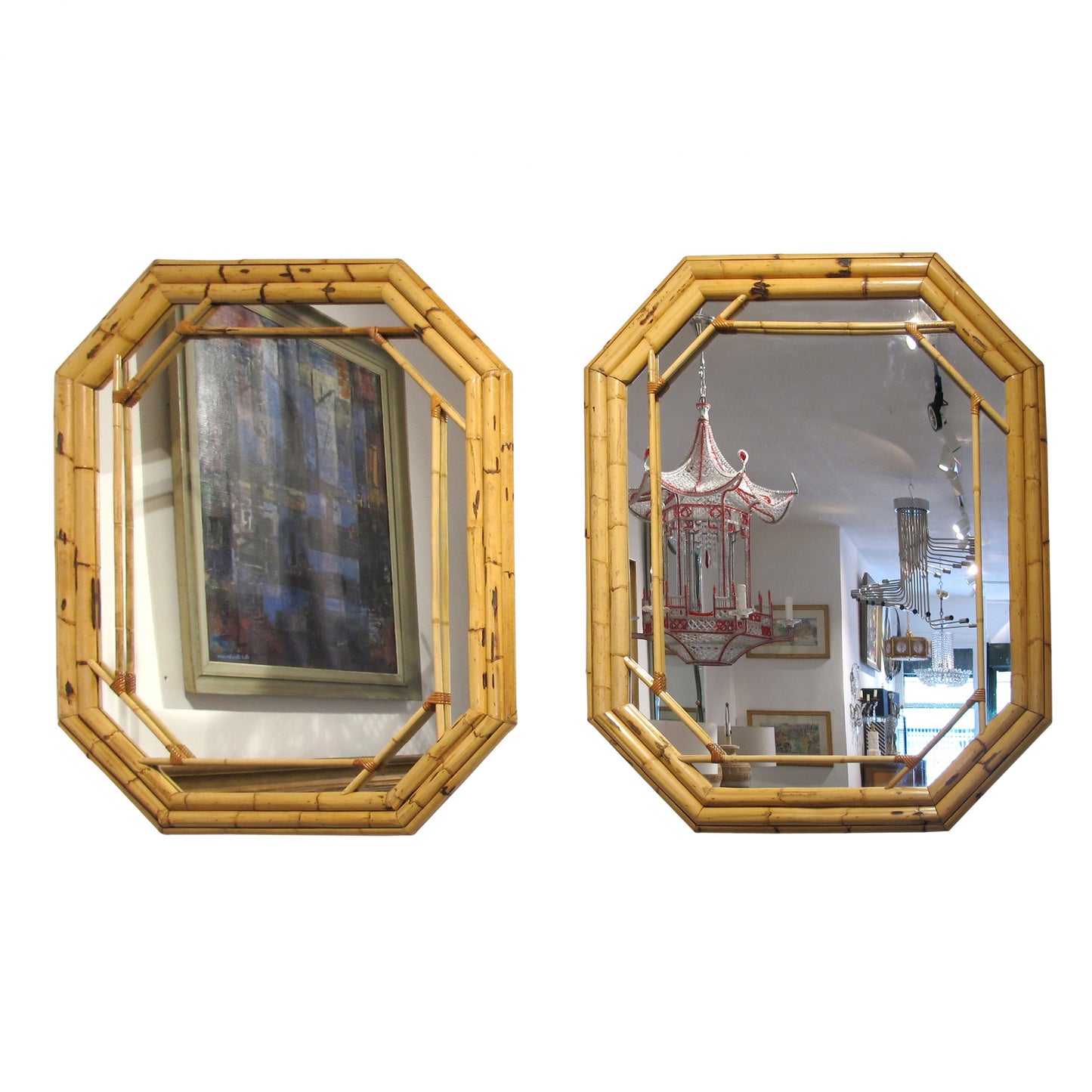 French 1970s Large Pair of Bamboo Framed Mirrors