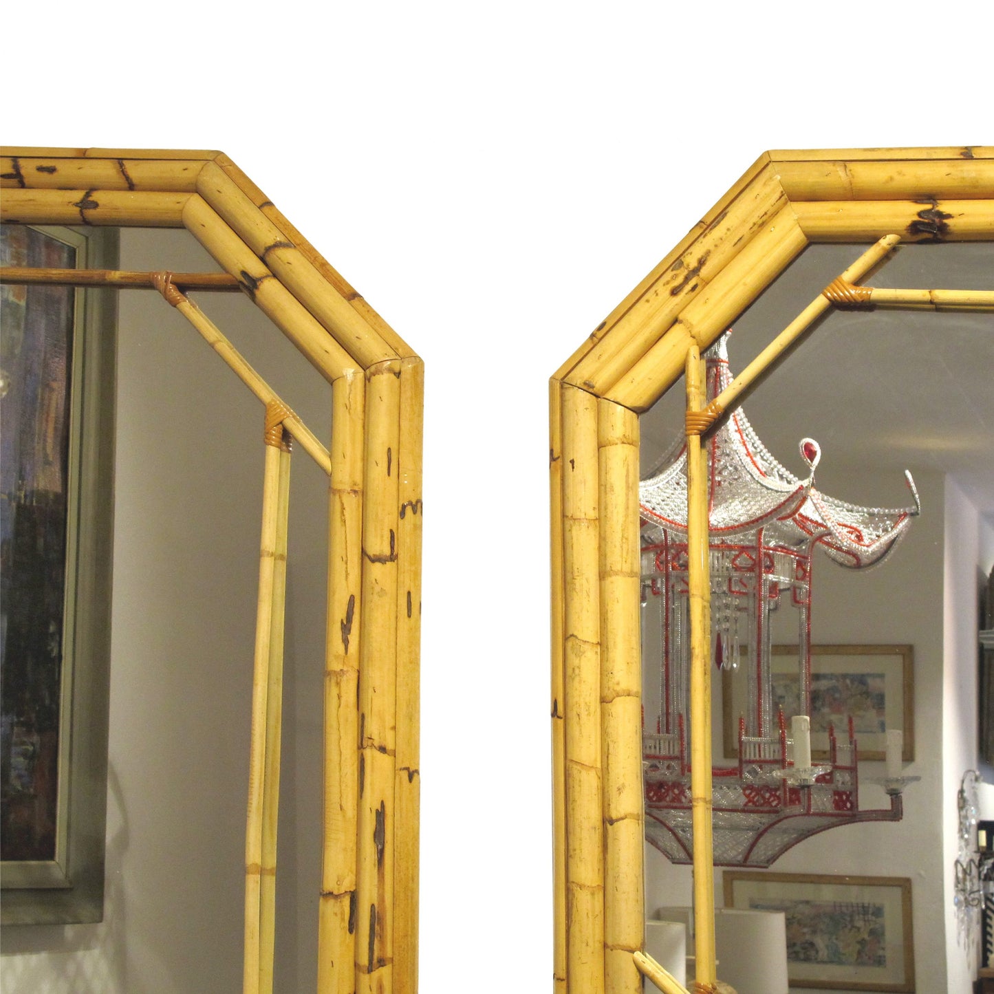 French 1970s Large Pair of Bamboo Framed Mirrors