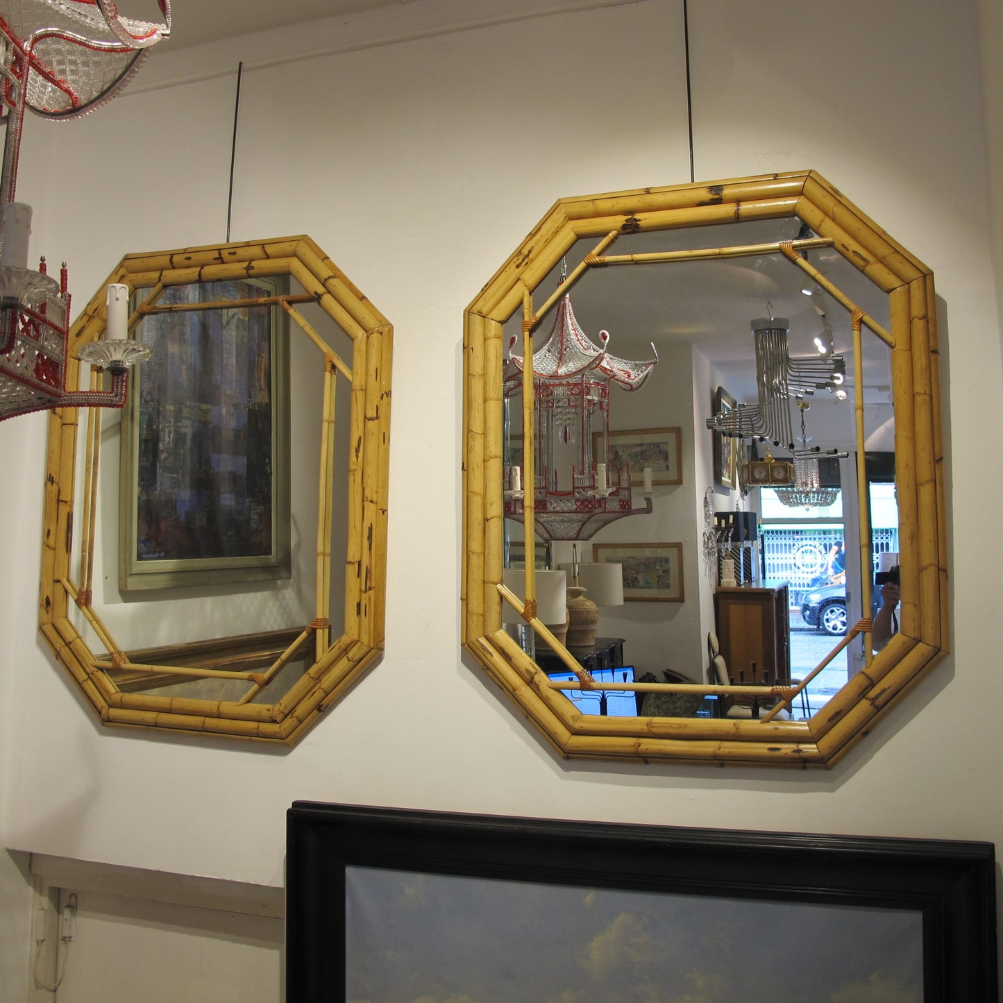 French 1970s Large Pair of Bamboo Framed Mirrors