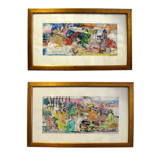 Italian 1977 Set of Two Colourful Watercolours by Valerio Mazzanti