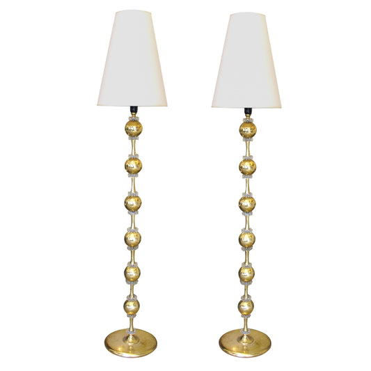 Swedish 1960s Pair of Tall Brass and Glass Bulbous Floor Lamps