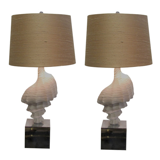 North American 1960s Pair of Conch Shell Table Lamps on a Plinth