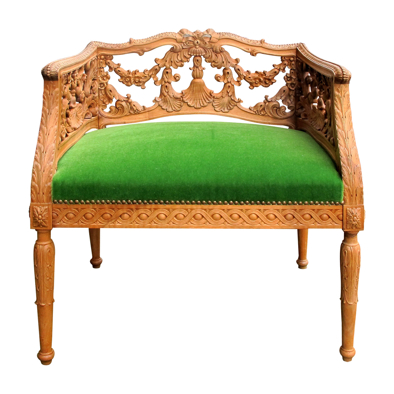 Early 1900s Swedish Pair of Armchairs with Carved Frame and Green Mohair Seats