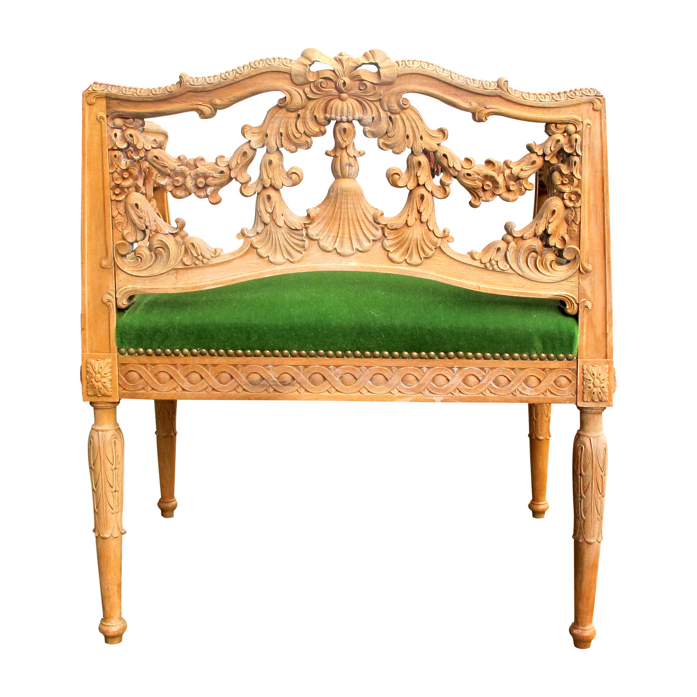 Early 1900s Swedish Pair of Armchairs with Carved Frame and Green Mohair Seats