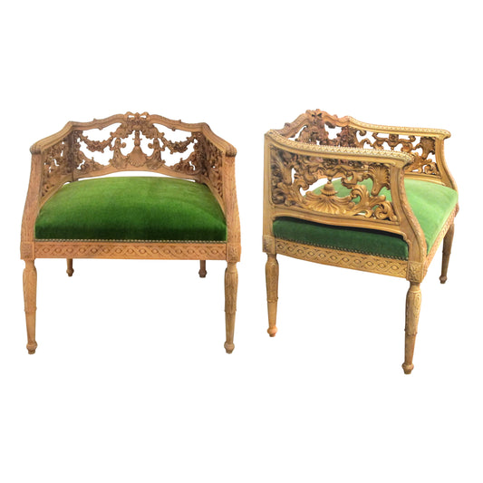 Early 1900s Swedish Pair of Armchairs with Carved Frame and Green Mohair Seats