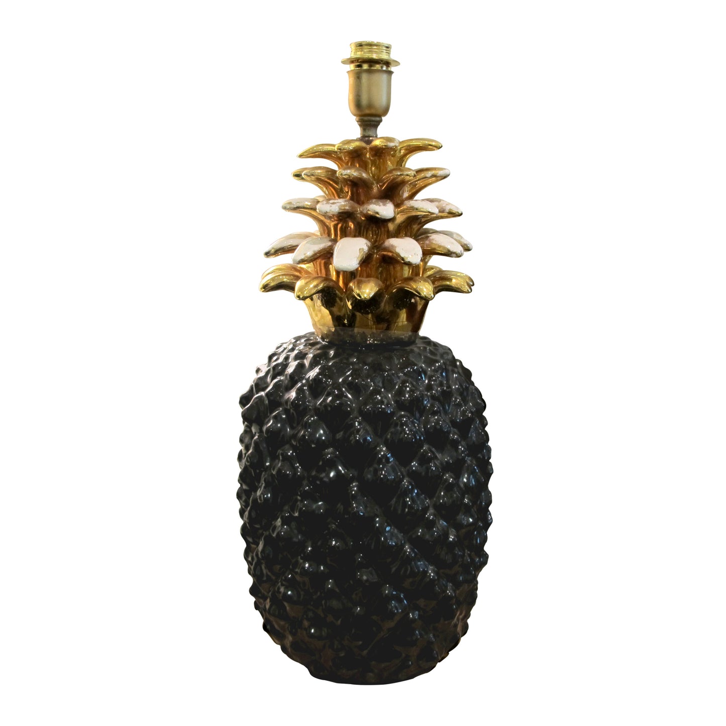 1970s Large Ceramic Black and Gold Pineapple French Lamp, Maison Lancel