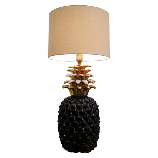 1970s Large Ceramic Black and Gold Pineapple French Lamp, Maison Lancel