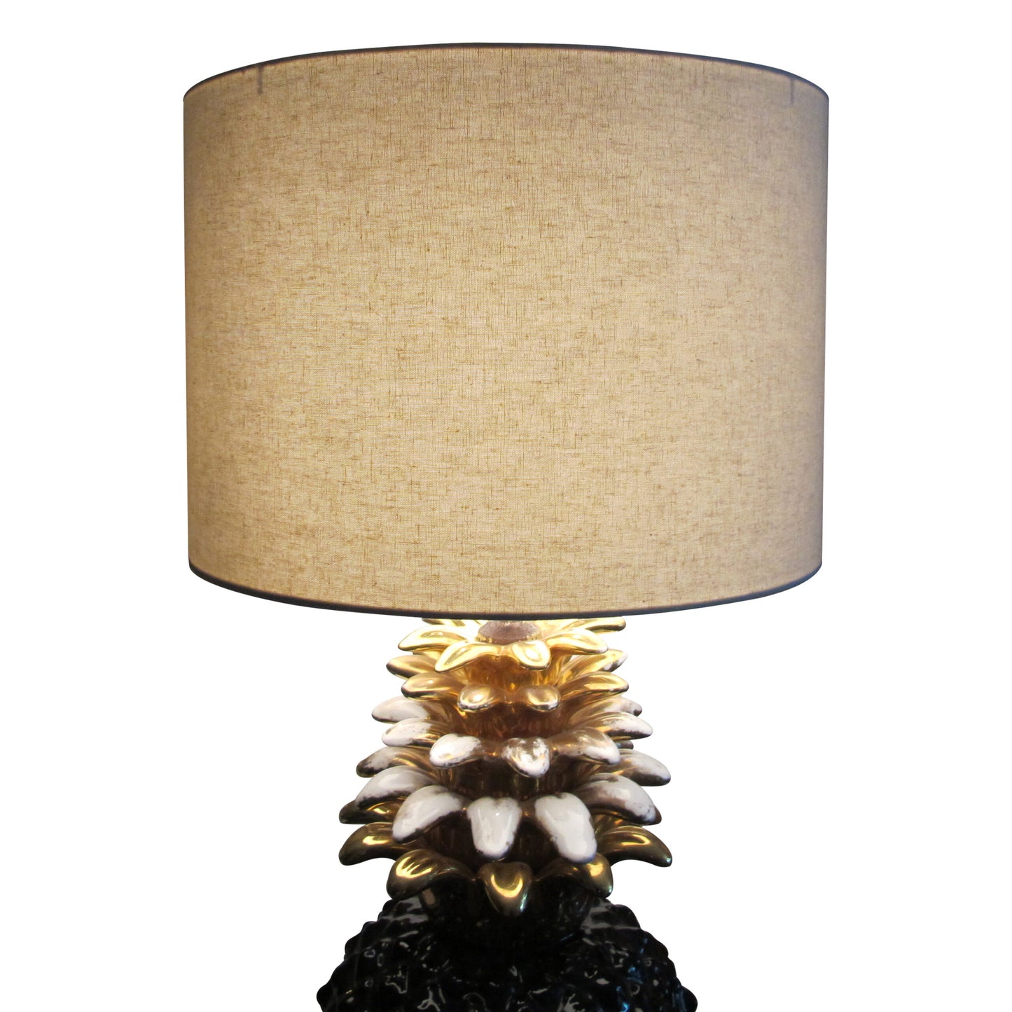 1970s Large Ceramic Black and Gold Pineapple French Lamp, Maison Lancel