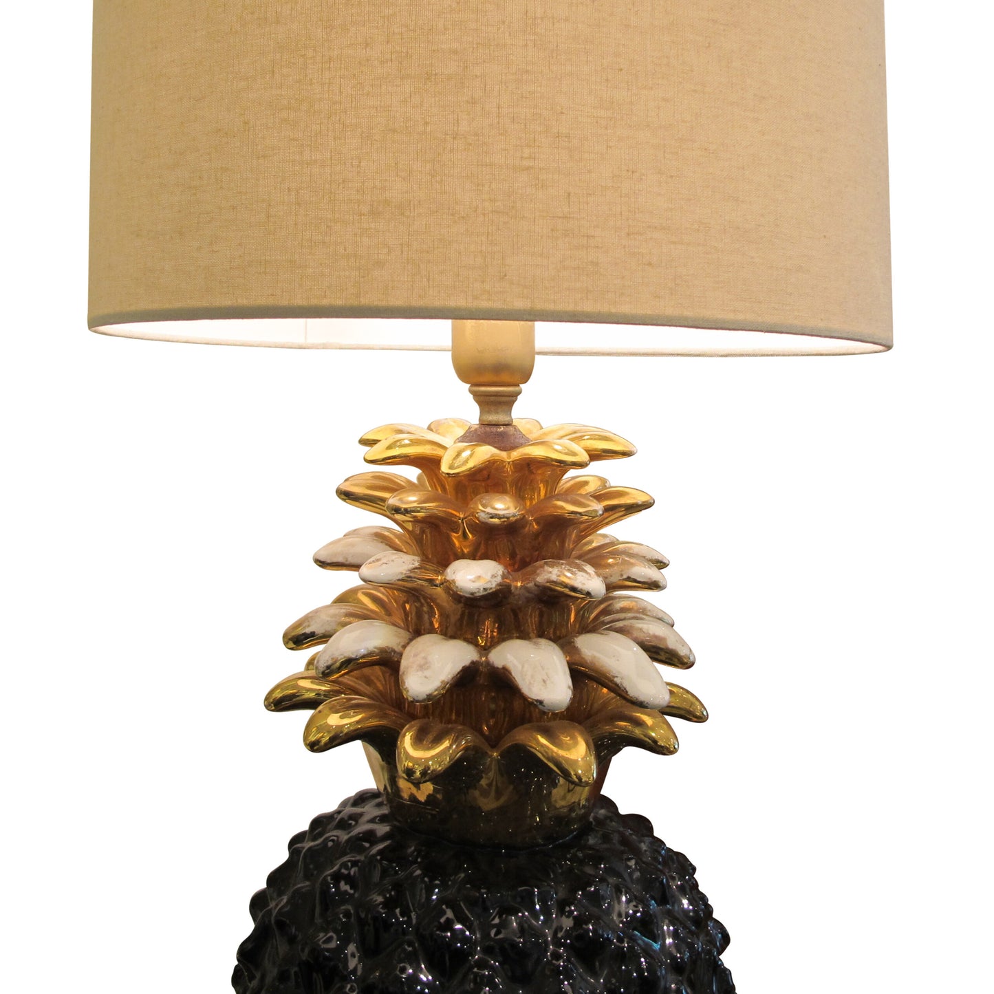 1970s Large Ceramic Black and Gold Pineapple French Lamp, Maison Lancel