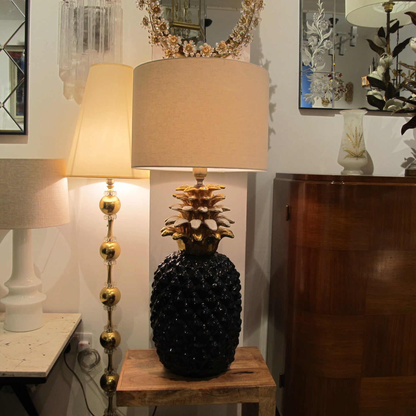 1970s Large Ceramic Black and Gold Pineapple French Lamp, Maison Lancel