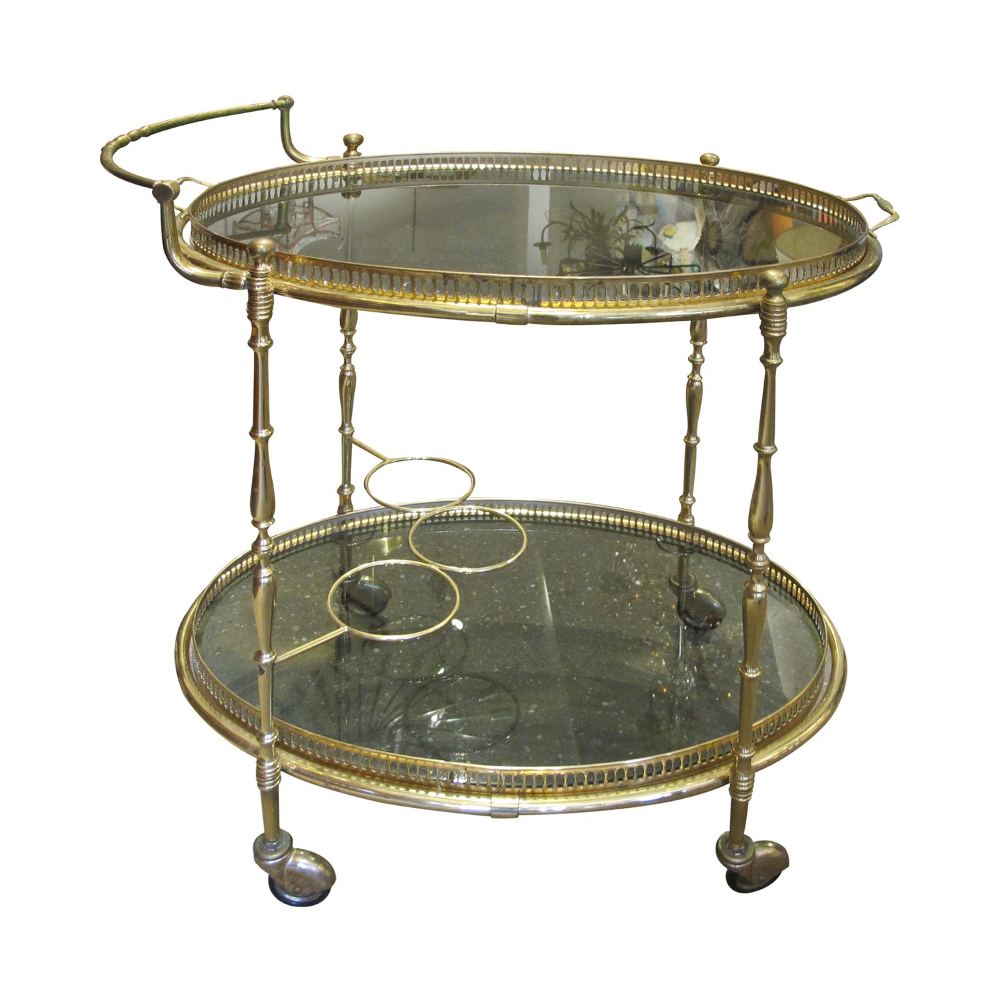 1970s French Brass Oval Serving Bar Cart with Tray on Wheels